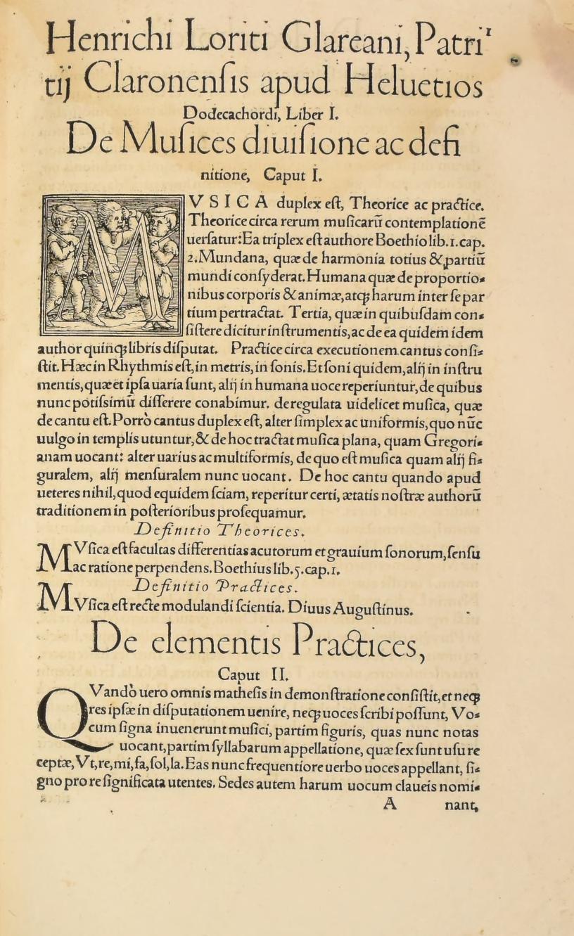 Original 1547 printed page 1: Chapter 1 opening with Glarean’s woodcut initial and Chapter 2 beginning