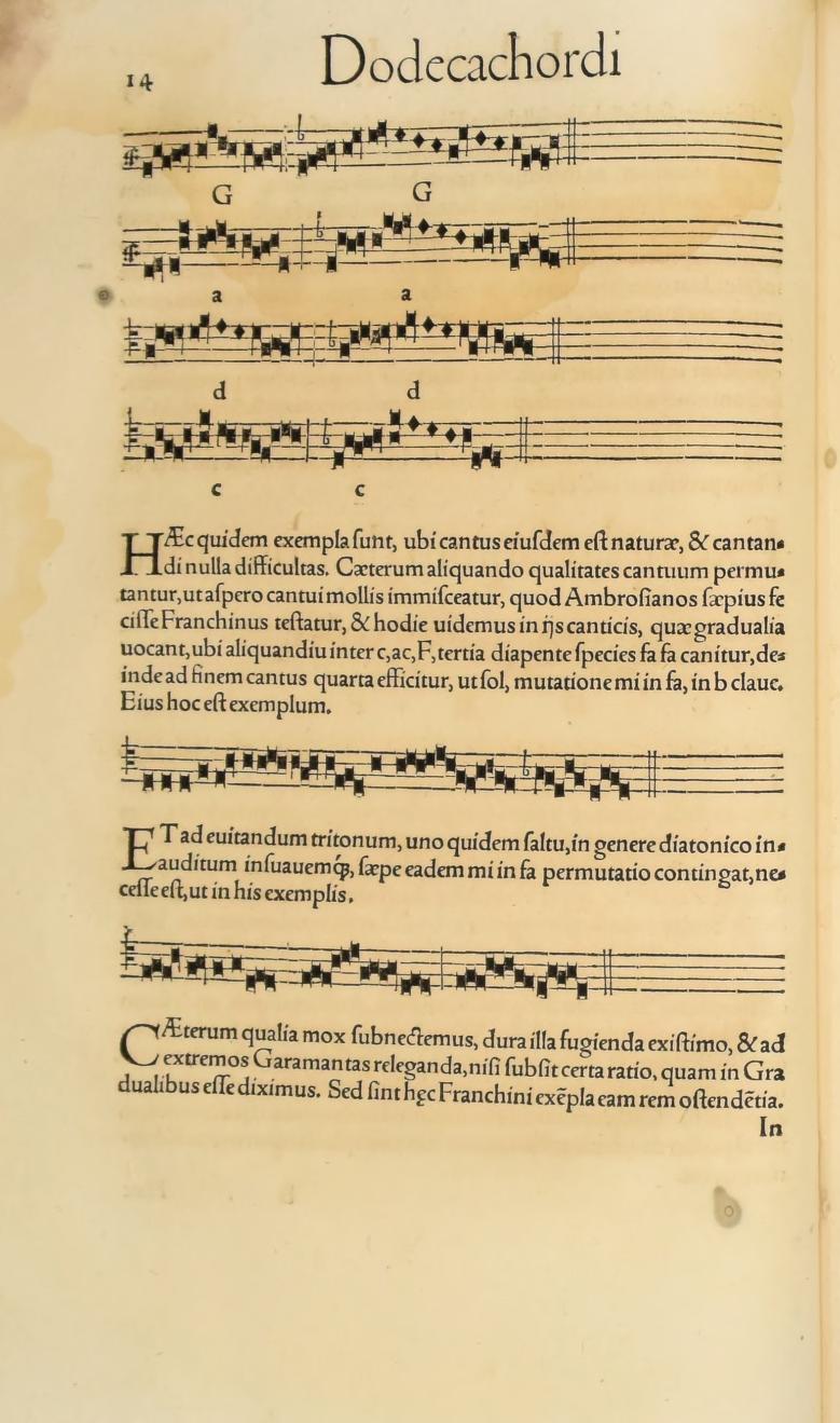 Original 1547 printed page 14: Clef and mutation examples, including avoidance of the tritone