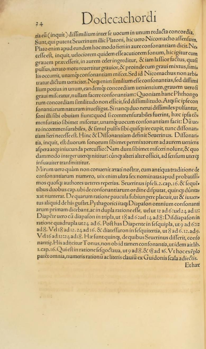 Original 1547 printed page 24: Ancient consonances and their numerical ratios