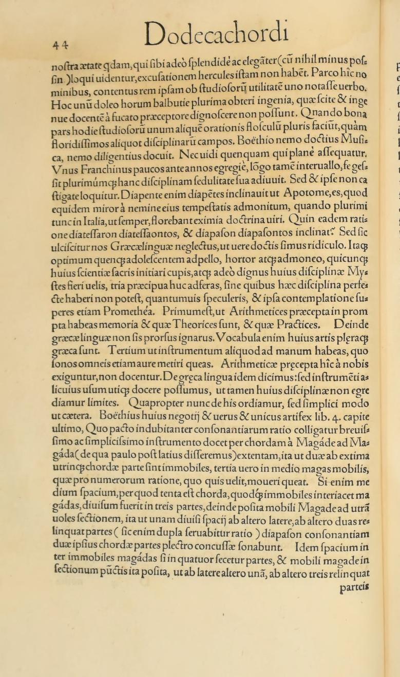 Original 1547 printed page 44: The three requirements for study and Boethius’s monochord method