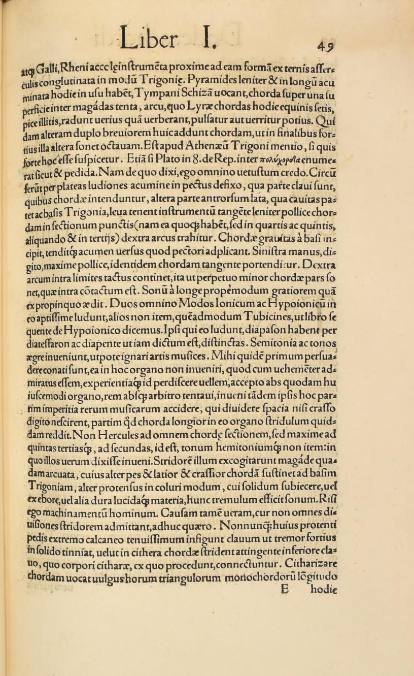 Original 1547 printed page 49: The bowed triangular monochord and its buzzing bridge