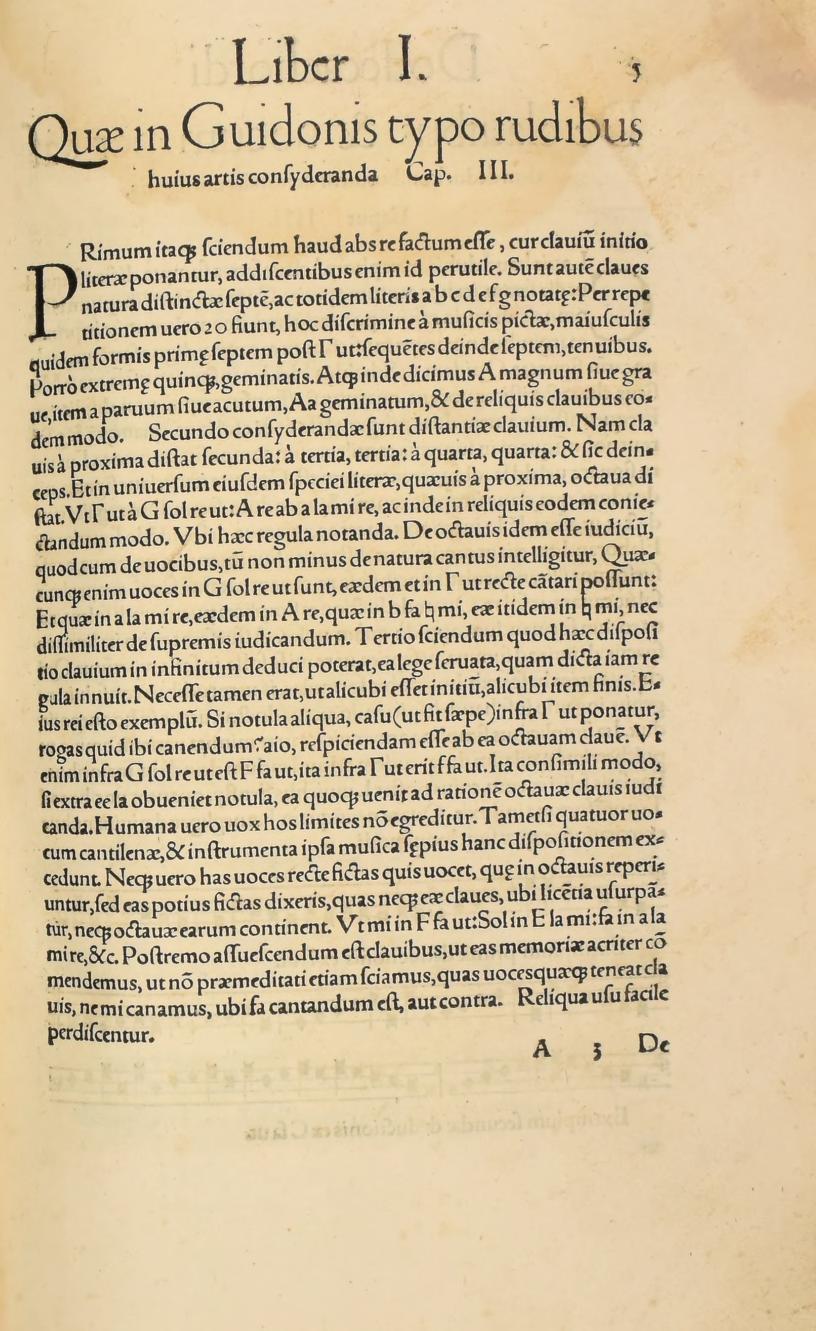 Original 1547 printed page 5: Chapter 3 on clefs, octave equivalence, and Guido’s diagram
