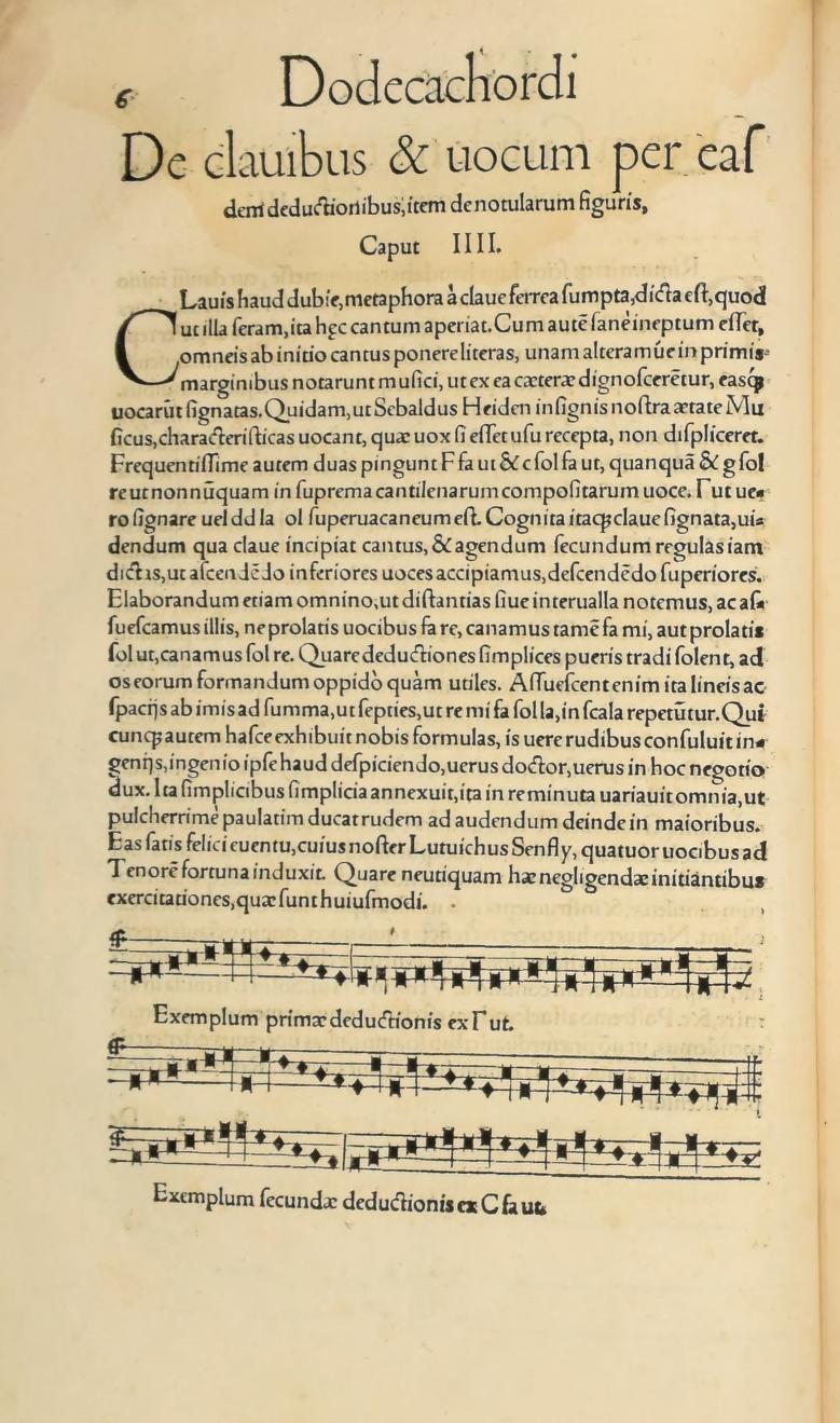 Original 1547 printed page 6: The first two Guidonian deduction exercises in notation