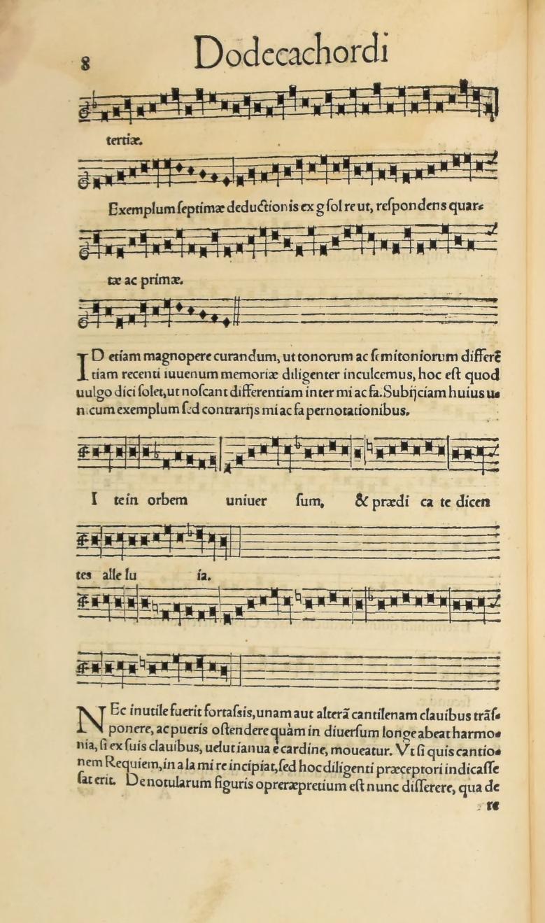 Original 1547 printed page 8: Mi–fa exercises and Glarean’s discussion of note forms