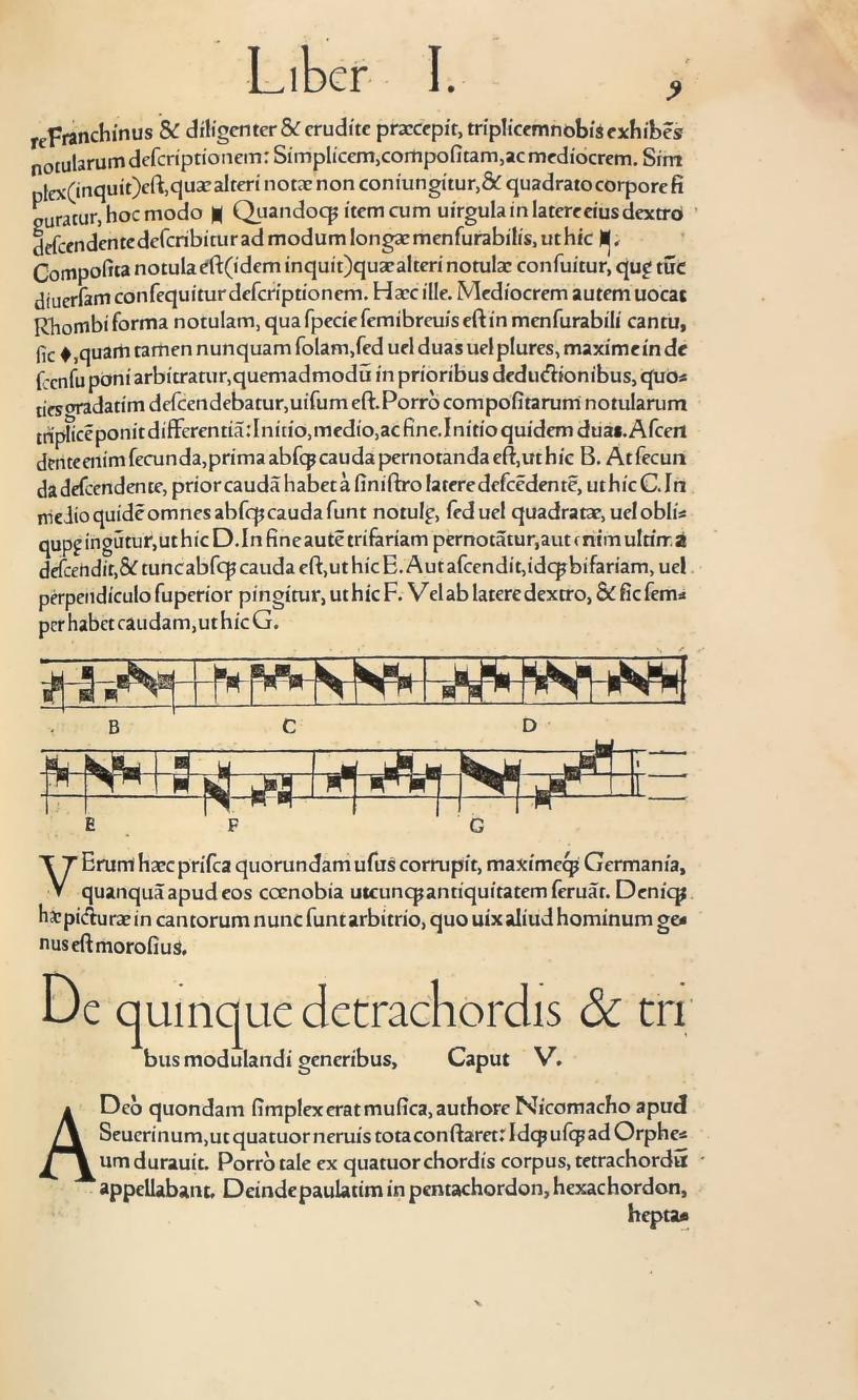 Original 1547 printed page 9: Franchinus’s illustrated simple, compound, and intermediate note shapes
